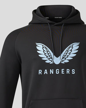 Close up of Rangers hoodie chest showing the light blue wing emblem and drawstring hood