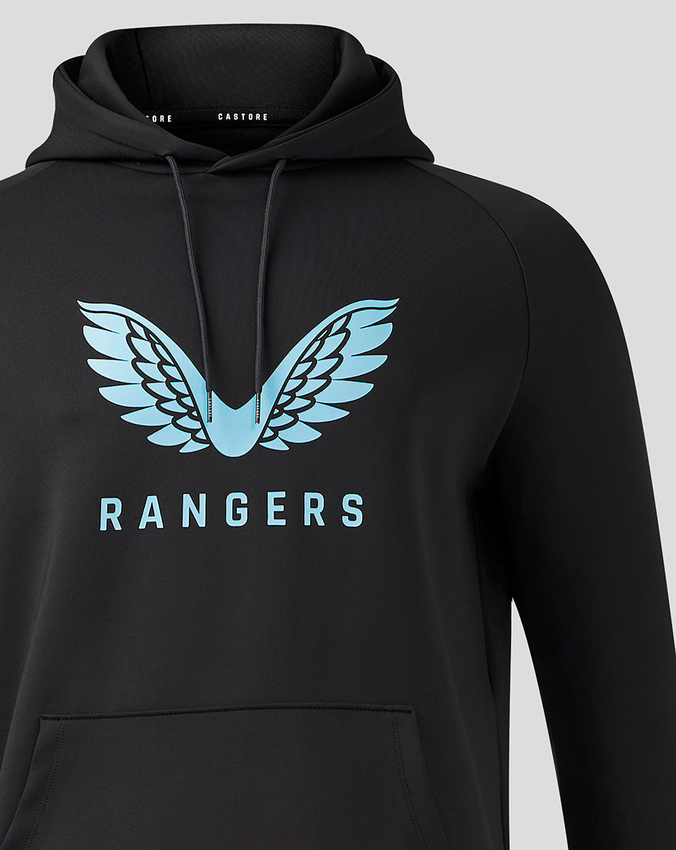 Close up of Junior Rangers Pro Coaches Flex Logo Hoody showing blue wings crest centered on chest and Rangers lettering