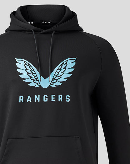 Close up of Junior Rangers Pro Coaches Flex Logo Hoody showing blue wings crest centered on chest and Rangers lettering