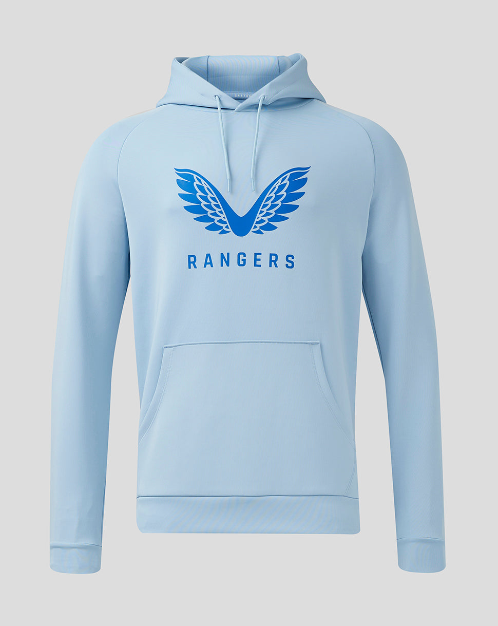 Light blue Rangers Pro Players Flex Hoodie with blue wings logo on chest and kangaroo pocket