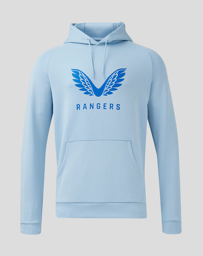 Light blue Rangers Pro Players Flex Hoodie with blue wings logo on chest and kangaroo pocket