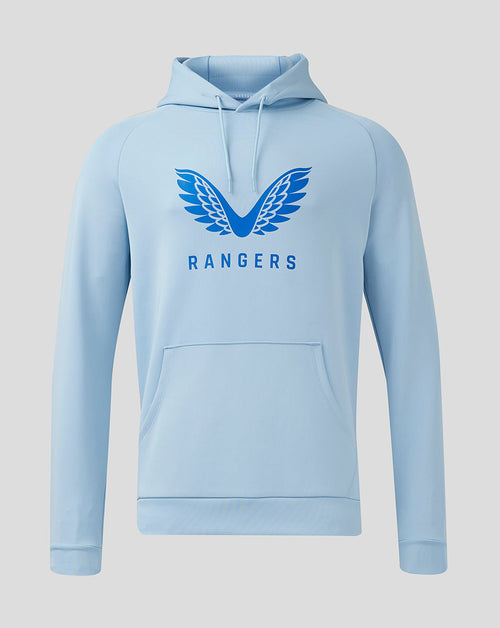 Light blue Rangers Pro Players Flex Hoodie with blue wings logo on chest and kangaroo pocket