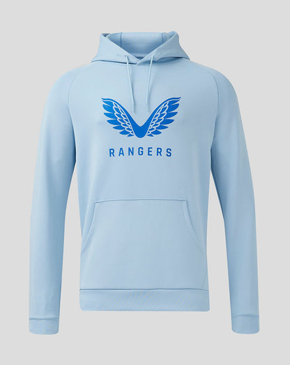 Women's Rangers Pro Players Flex Logo Hoodie in light blue with a large blue wing logo on the chest and kangaroo pocket