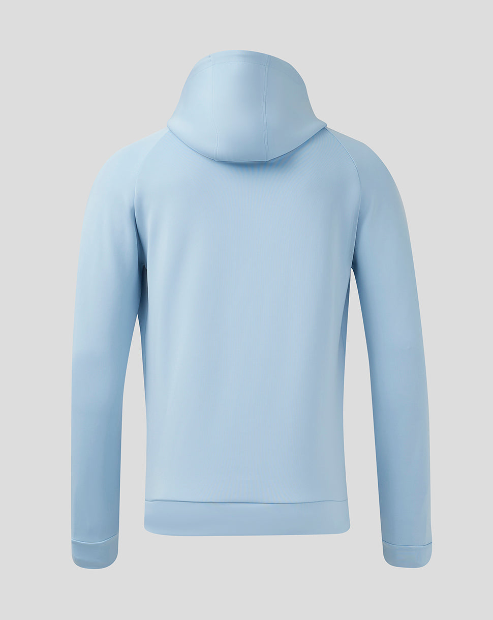 Back view of a light blue Rangers Women's Pro Players Flex Hoodie with hood up and clean back panel