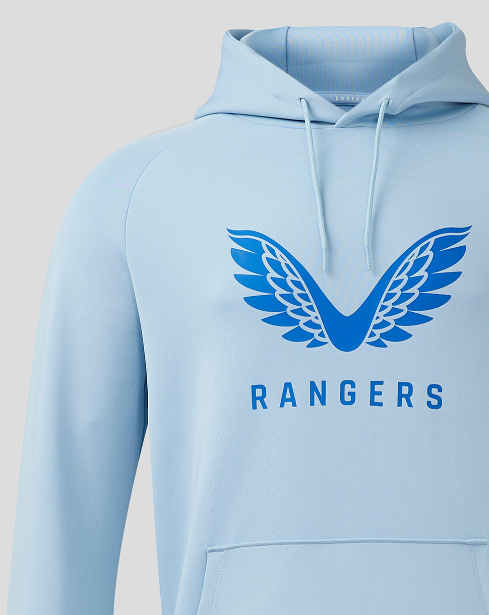 Close-up of light blue Rangers hoodie highlighting the blue wings logo on the chest and drawstring hood