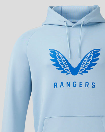 Close-up of light blue Rangers hoodie highlighting the blue wings logo on the chest and drawstring hood