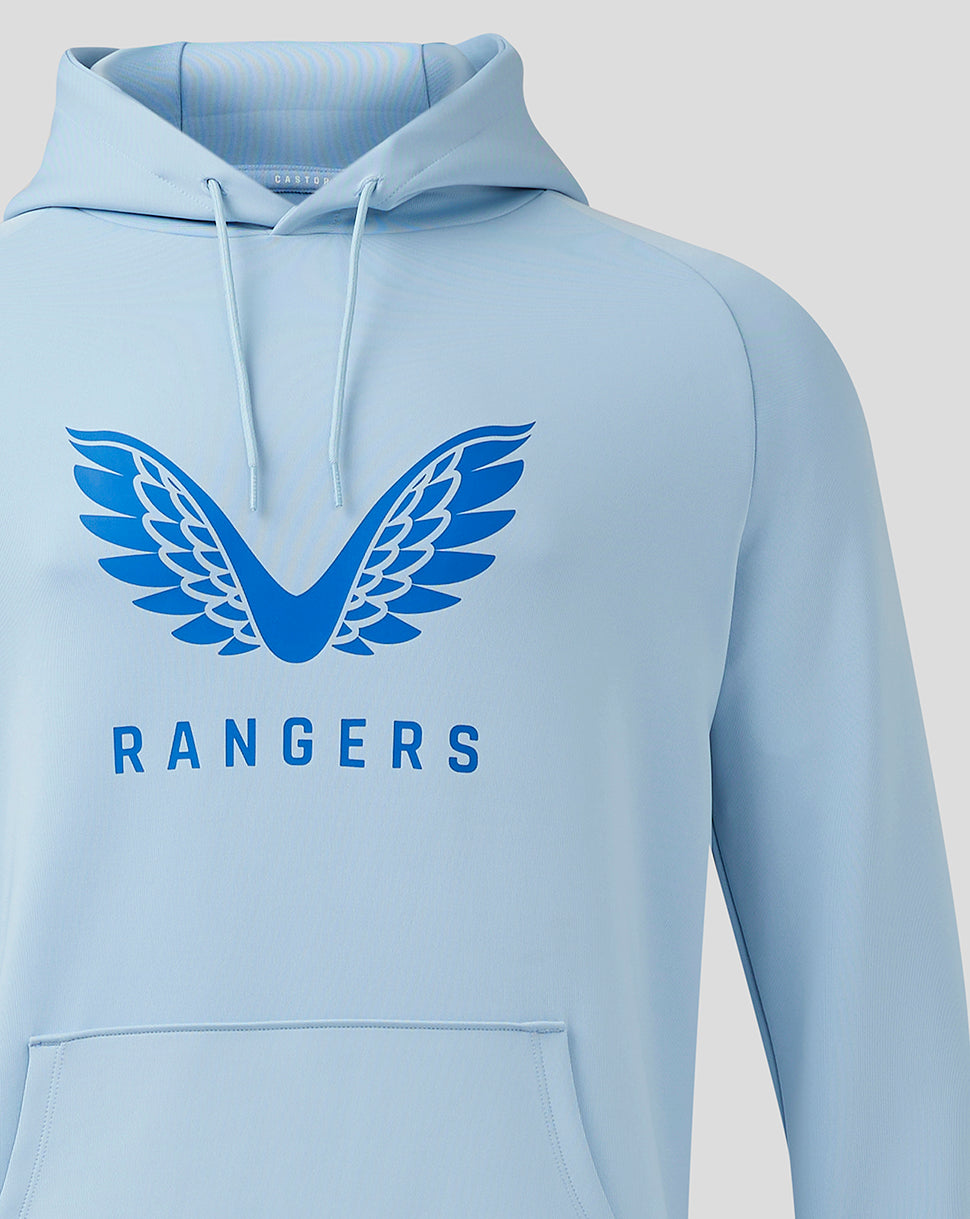 Front view of light blue Rangers hoodie with bold wing logo and Rangers lettering on the chest