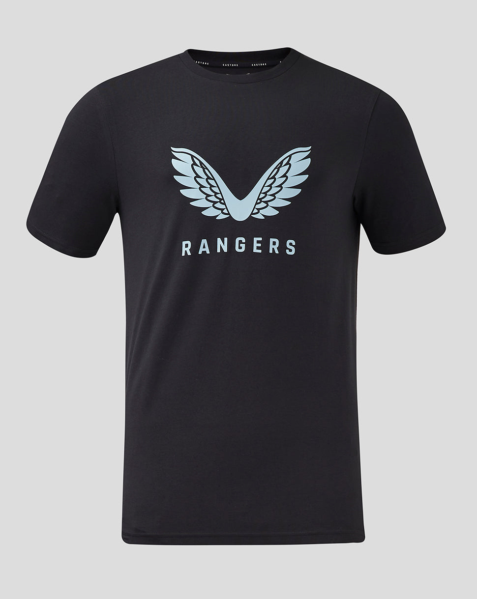 Black Rangers Pro Coaches Logo T Shirt with light blue wing emblem and RANGERS text on the chest