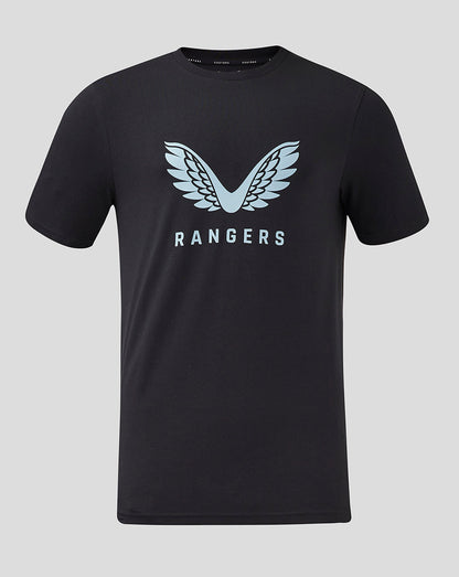 Black Rangers Pro Coaches Logo T Shirt with light blue wing emblem and RANGERS text on the chest