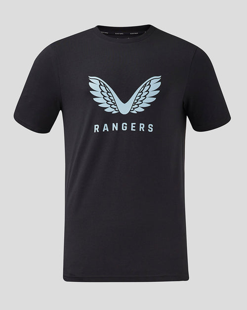 Black Rangers Pro Coaches Logo T Shirt with light blue wing emblem and RANGERS text on the chest