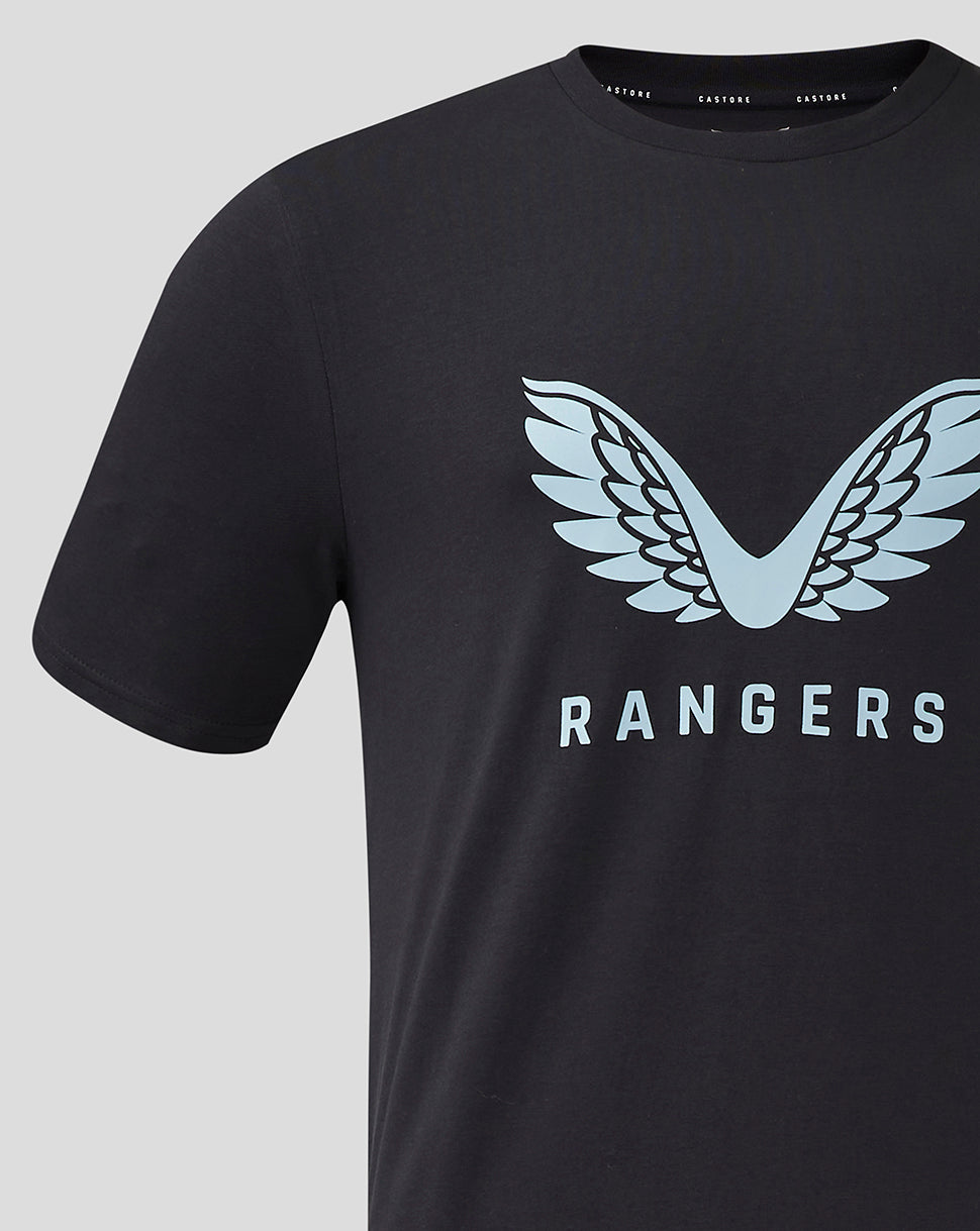 Dark navy Rangers men's T shirt with a large light blue wing logo and RANGERS text on the chest