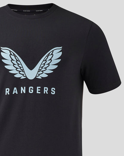 Close up of the front chest showing the light blue wing logo and Rangers lettering on the dark T shirt