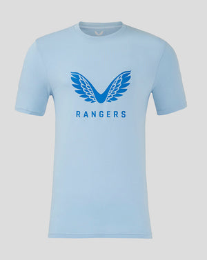 Front view of light blue Rangers Men's 24/25 Pro Players Logo T Shirt with bold blue wings graphic centered on the chest.