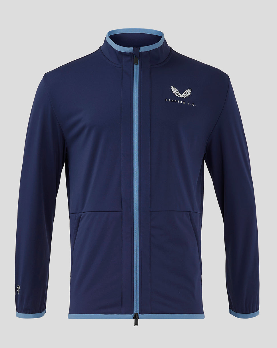 Navy Rangers travel softshell jacket with light blue trim, full front zip, funnel neck, and left chest logo.