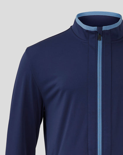 Close-up of the front zipper with light blue trim on the navy Rangers Travel Softshell Jacket.