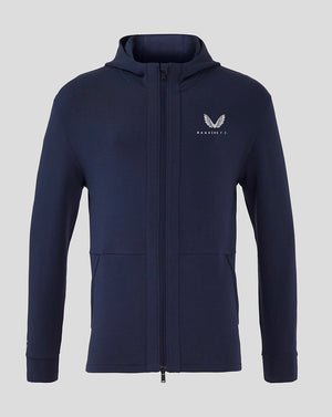 Front view of navy Rangers FC Hooded Travel Jacket with full zip and chest logo