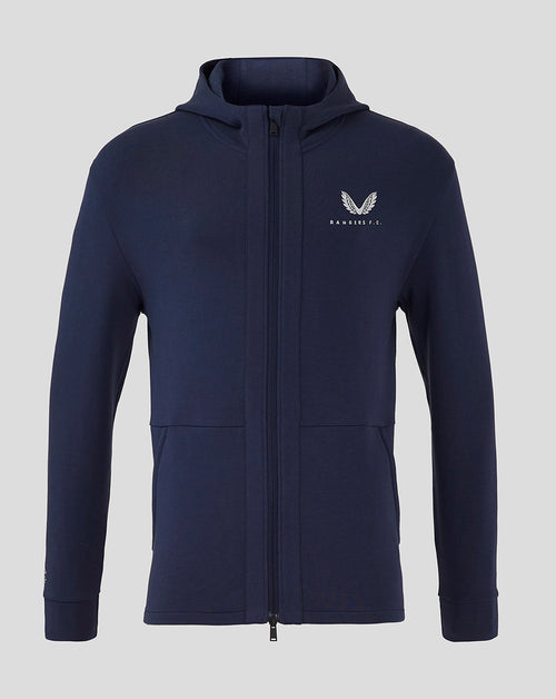 Front view of navy Rangers FC Hooded Travel Jacket with full zip and chest logo