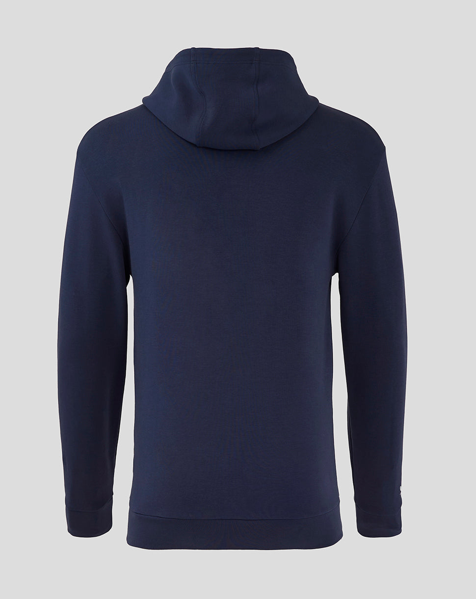 Back view of navy Rangers Hooded Travel Jacket showing the attached hood and clean silhouette
