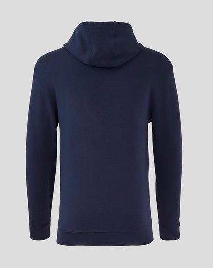 Back view of navy Rangers Hooded Travel Jacket showing the attached hood and clean silhouette