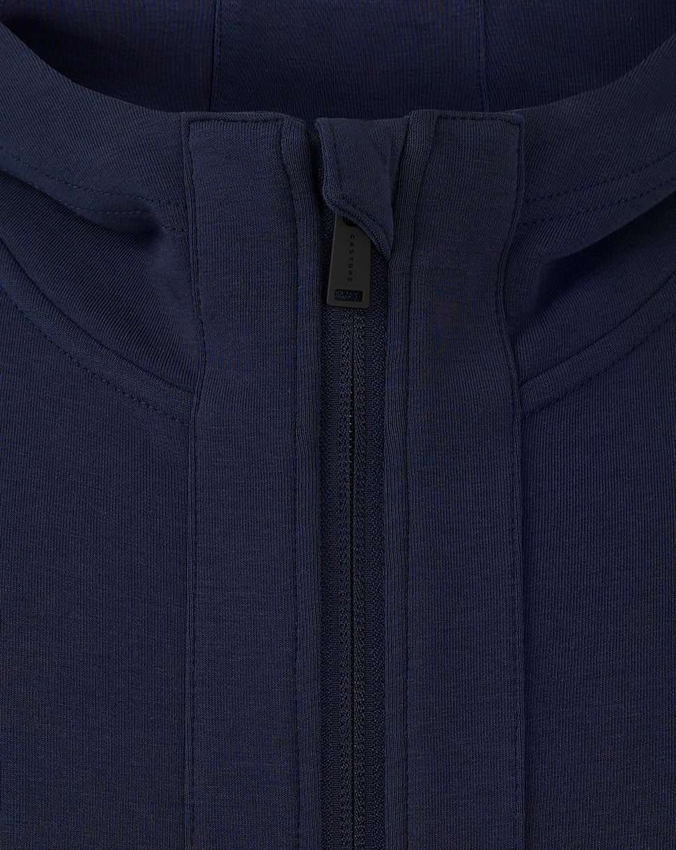 Close-up of navy Rangers Hooded Travel Jacket collar and center front zipper detail