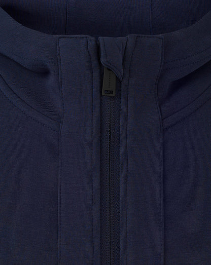 Close-up of navy Rangers Hooded Travel Jacket collar and center front zipper detail