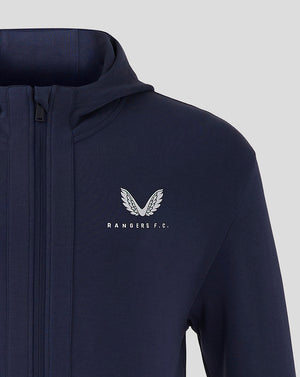Close-up of navy Rangers FC Hooded Travel Jacket showing left chest logo and zipper