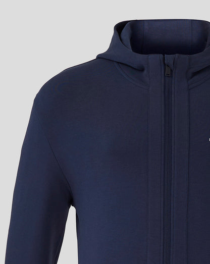 Close-up of navy Rangers Hooded Travel Jacket showing zipper and attached hood from the front neck area