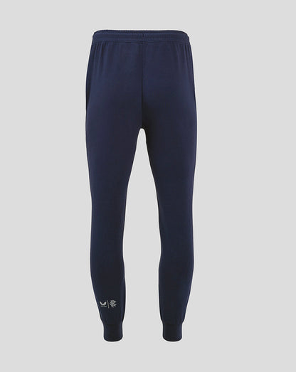 Back view of navy Rangers FC travel pant with ribbed cuffs and small branding at the ankle