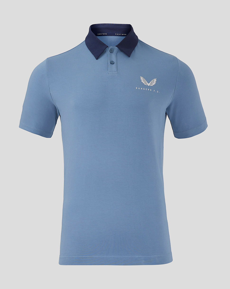 Light blue Rangers travel polo with navy foldover collar and white wing crest on left chest.