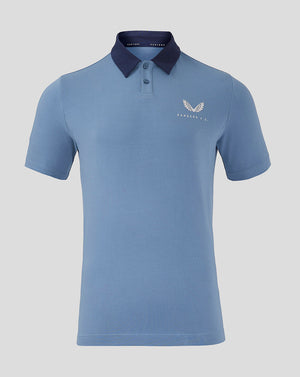 Light blue Rangers travel polo with navy foldover collar and white wing crest on left chest.
