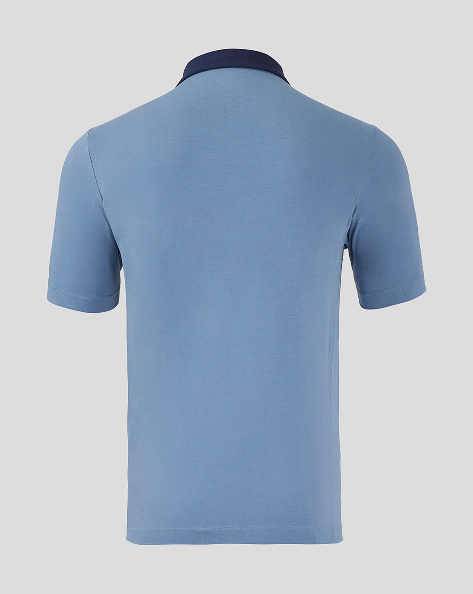Back view of light blue Rangers travel polo with navy collar and short sleeves.
