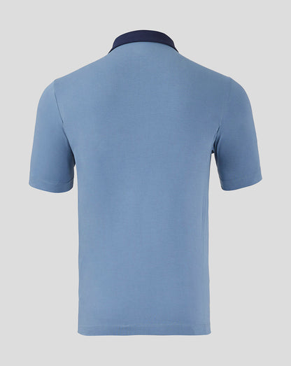 Back view of light blue Rangers travel polo with navy collar and short sleeves.