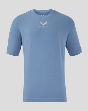 Light blue Rangers travel shirt with relaxed oversized fit side panels ribbed crew neck and center chest Castore branding