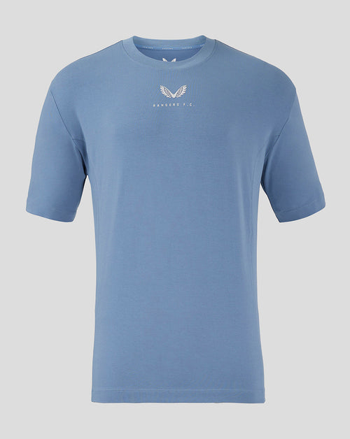 Light blue Rangers travel shirt with relaxed oversized fit side panels ribbed crew neck and center chest Castore branding