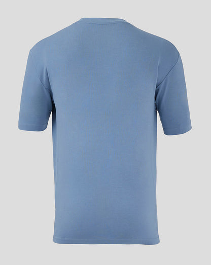 Back view of light blue Rangers FC travel shirt showing relaxed oversized fit