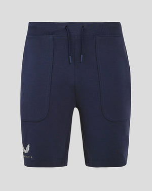 Navy Rangers FC travel shorts front view with external drawcords and branding on the right thigh and left hem.