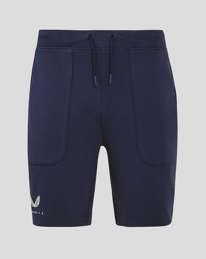 Navy Rangers FC travel shorts front view with external drawcords and branding on the right thigh and left hem.