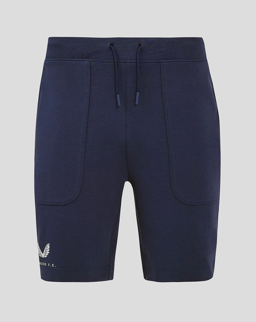 Navy Rangers FC travel shorts front view with external drawcords and branding on the right thigh and left hem.