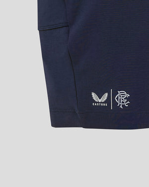 Close-up of navy Rangers FC shorts showing Castore logo and club crest near the leg area.