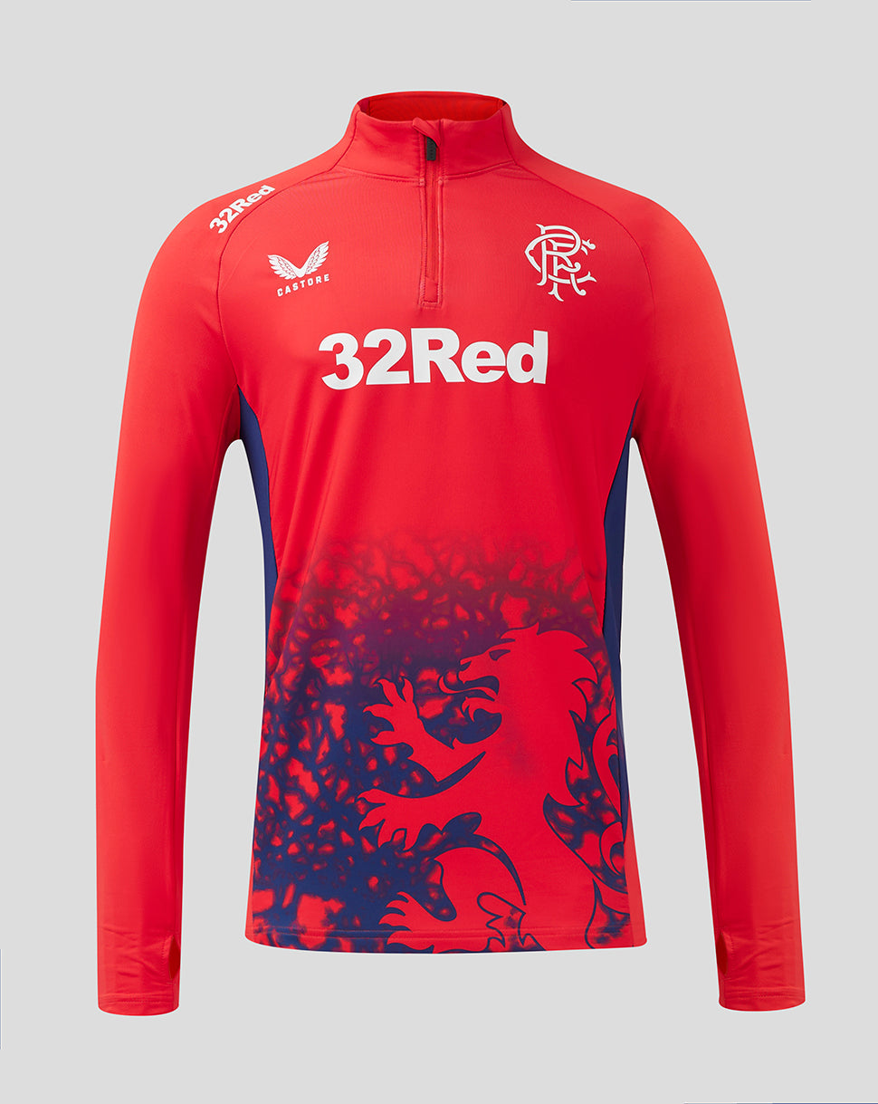 Front view of red Rangers FC training top with white 32Red sponsor and club crest