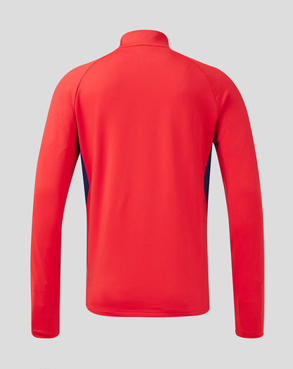 Rear view of a red Rangers FC Pro Players Cup Training quarter zip top with navy side panels