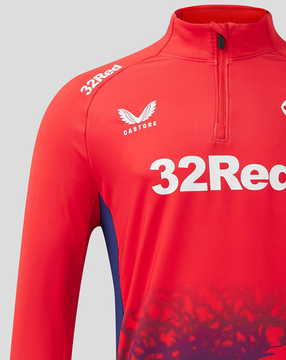 Rangers FC red training top close up with 32Red sponsor on the shoulder and Castore logo