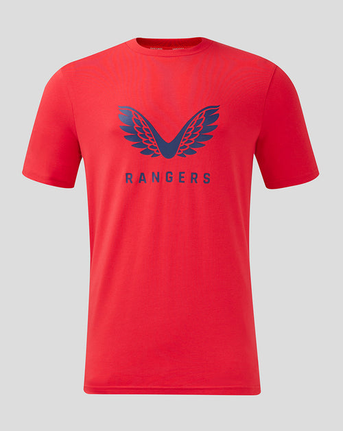 Red Rangers training T shirt front view with blue wing logo and RANGERS text