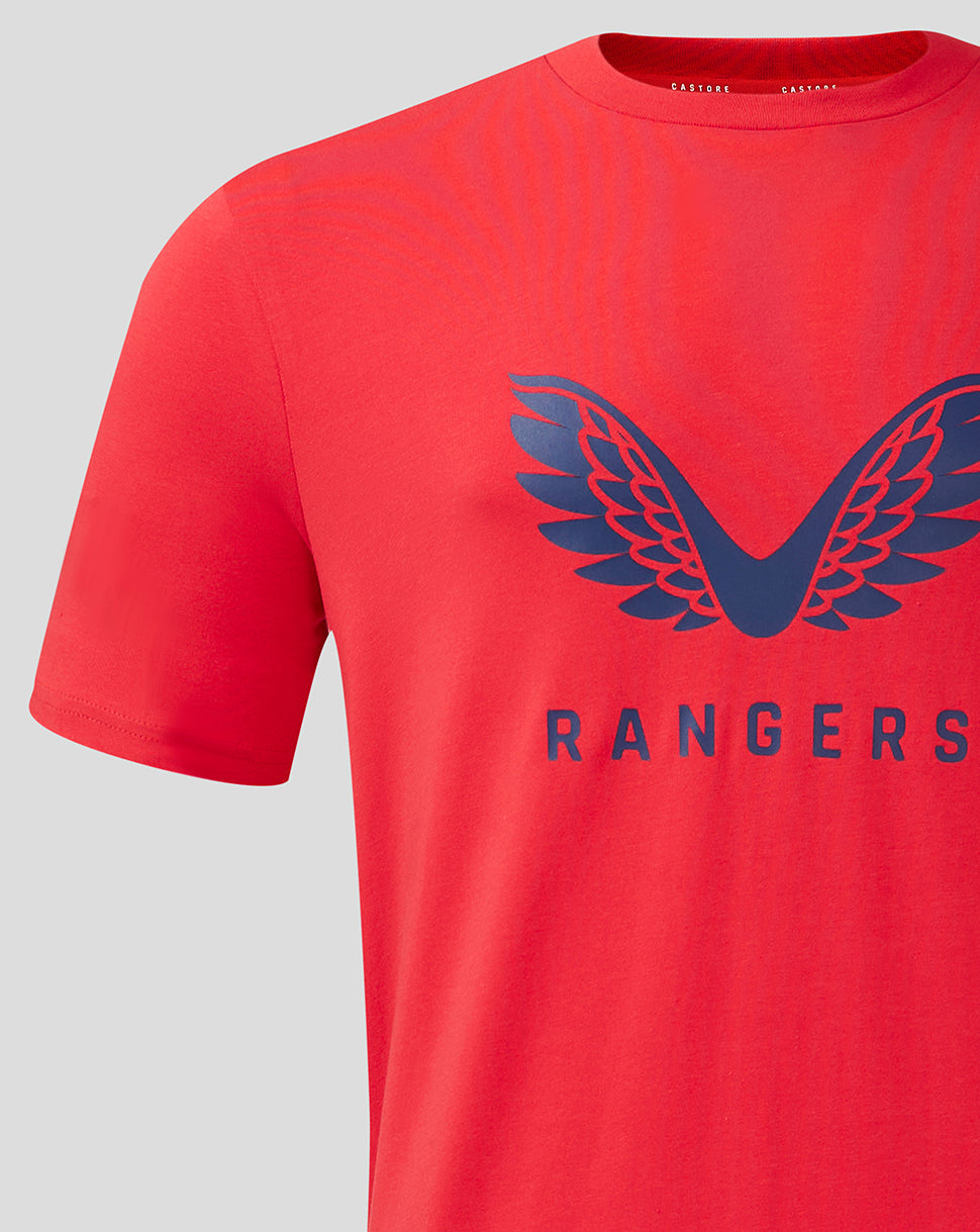 Red Rangers training T shirt with a bold navy wing logo and the RANGERS wordmark across the chest