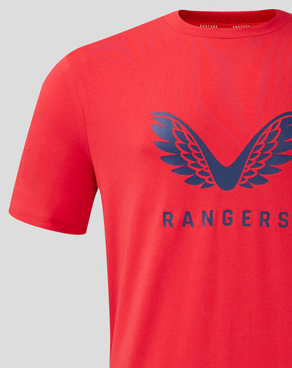 Red Rangers training T shirt with a bold navy wing logo and the RANGERS wordmark across the chest