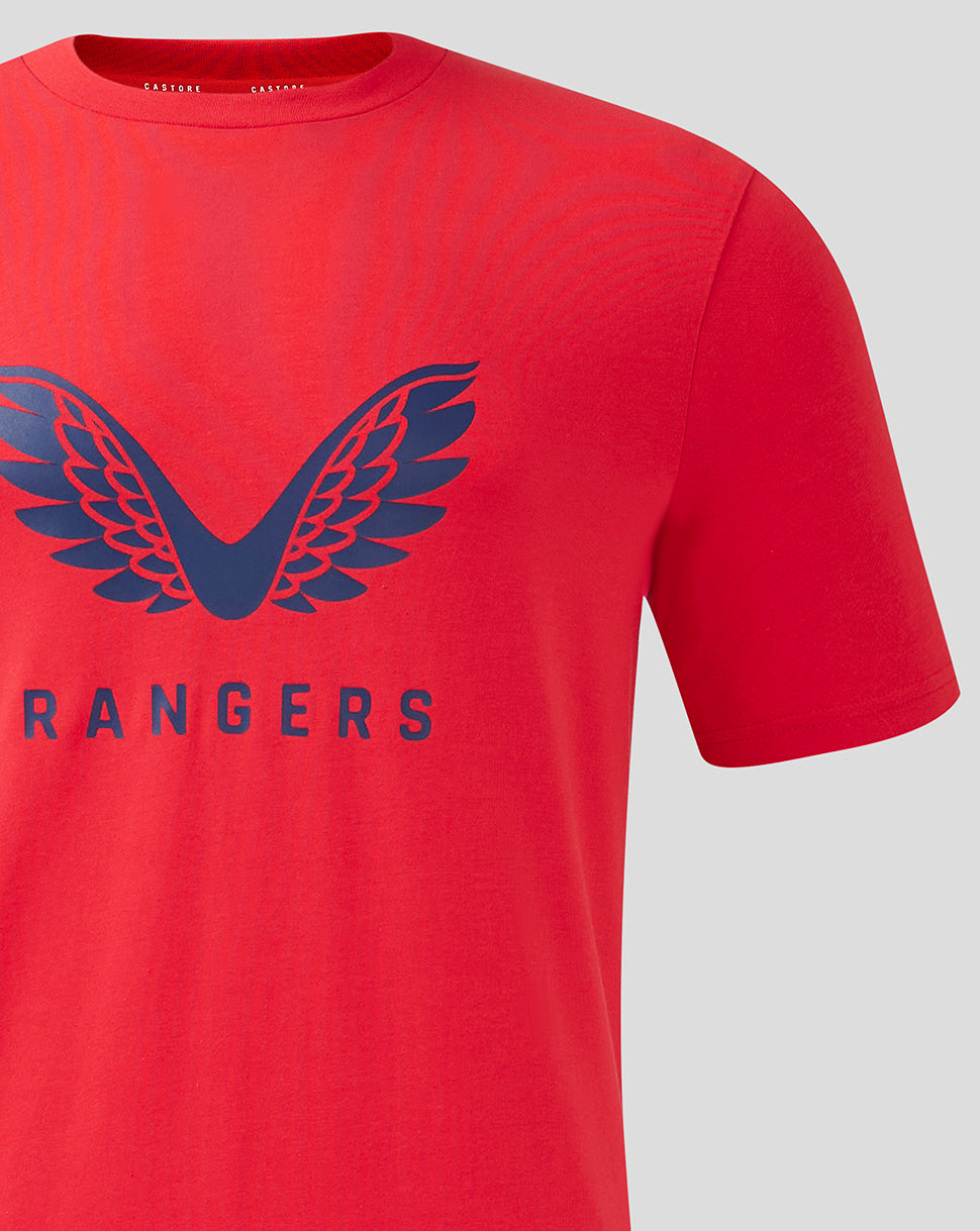 Close up of red Rangers training T shirt showing blue wing logo and heat sealed Rangers text