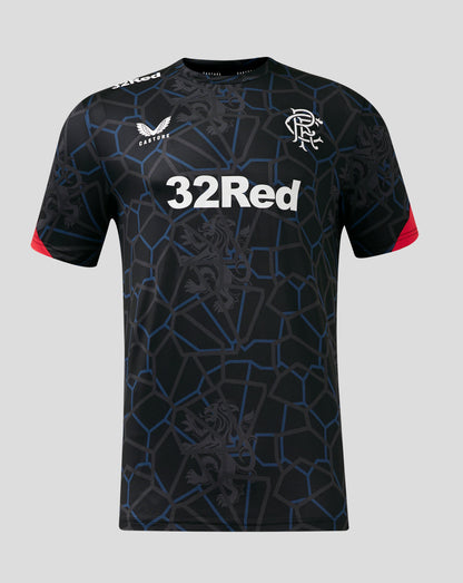 Rangers Third Matchday T Shirt front close up with large 32Red sponsor and left chest crest on a dark geometric pattern.