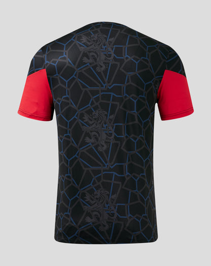 Rangers 24/25 third matchday men's T shirt back view with black geometric pattern and red sleeves
