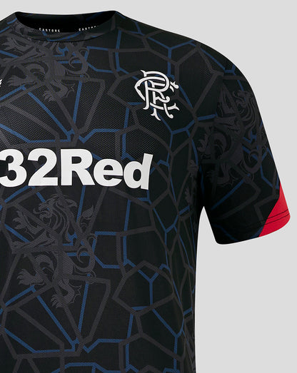Close up of Rangers Third Matchday T Shirt chest area showing left chest crest and 32Red sponsor on dark fabric.