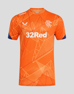 Rangers 24/25 league matchday T-shirt in bright orange with geometric pattern and 32Red sponsor